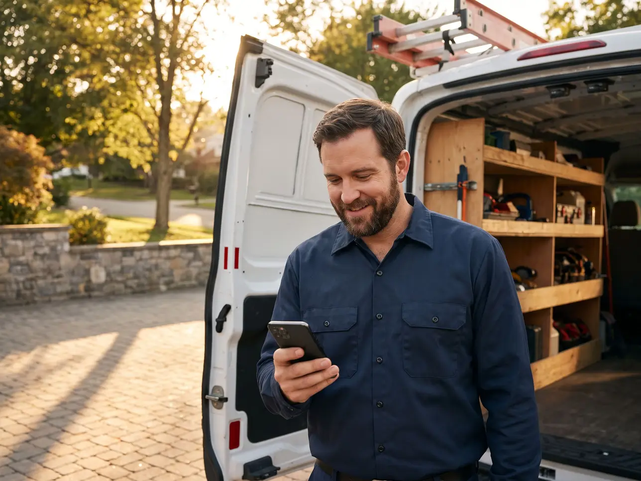 A plumber standing at the open rear doors of his work van in a driveway at golden hour, reading a job that has just come through on his phone